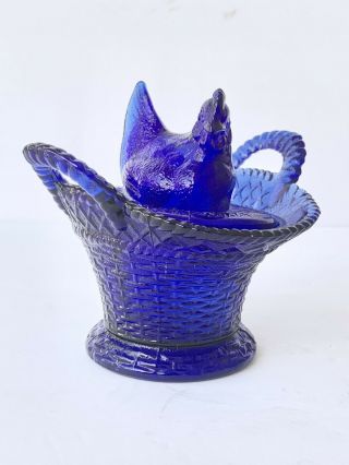 Westmoreland Cobalt Blue Glass Chicken Hen On Basket Nest Candy Dish 2