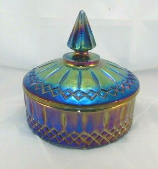 Vintage Indiana Blue Iridescent Carnival Glass Candy Dish With Lid