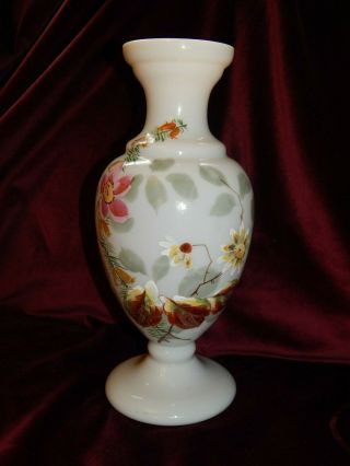 Antique Victorian Opaline Glass Vase Hand - Painted Enameled Flowers C 1890 