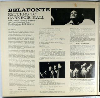 BELAFONTE RETURNS TO CARNEGIE HALL - 2 LP STEREO - ODETTA MAKEBA MITCHELL - UNPLAYED 2