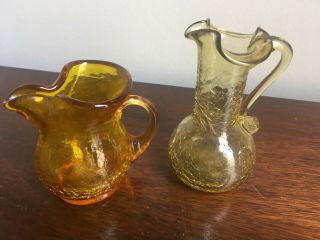 2 Miniature Blown Amber Crackle Glass Pitchers With Applied Handles 2