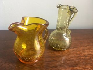 2 Miniature Blown Amber Crackle Glass Pitchers With Applied Handles 3