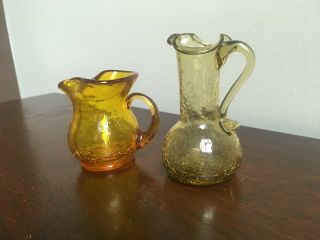 2 Miniature Blown Amber Crackle Glass Pitchers With Applied Handles 5