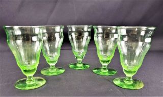 Set Of 5 Green Depression Uranium Glass Ribbed Footed Juice Tumblers