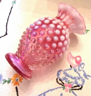 Vintage Fenton Pink Hobnail Vase Cranberry Glass Ruffled Edges