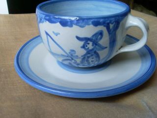 Vintage M.  A.  Hadley Stoneware,  Art Pottery,  Fisherman,  Oversize Cup & Saucer