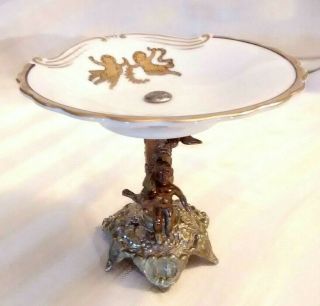 Vintage Brass Cast Cherub Holding Doves W/porcelain Soap Dish
