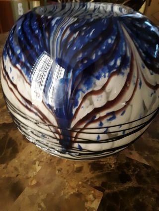 Hand Blown Blue White And Brown Art Glass Deco Vase 7 " Tall 7 " Round