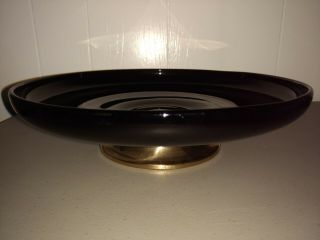 Black Glass 12 Inch Shallow Bowl Plate Gold Tone Base