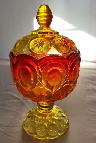 Vintage L E Smith Amberina Moon & Stars Covered Compote Glass Candy Dish
