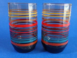 Striped Juice Glass Tumbler Brown Amber 4 Inches Tall Vintage 1970s Set Of 2