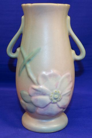 Vintage Weller Pottery Wild Rose 2 Handle Vase Peach & Green Glaze Signed 6.  75 "