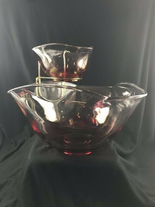 Vintage Indiana Glass Company Red Flash Chip And Dip Bowl Set With Bracket