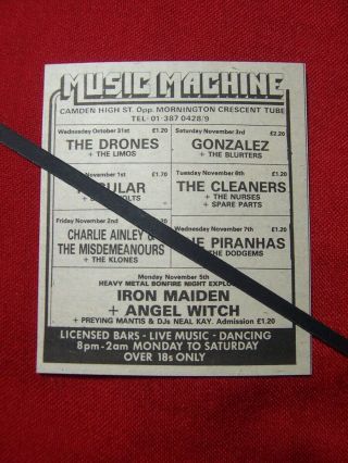 1979 Vintage Gig Advert Iron Maiden Music Machine London Heavy Metal