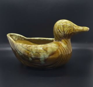 Vintage Brown And Green Drip Glaze Pottery Duck Planter Made In Usa