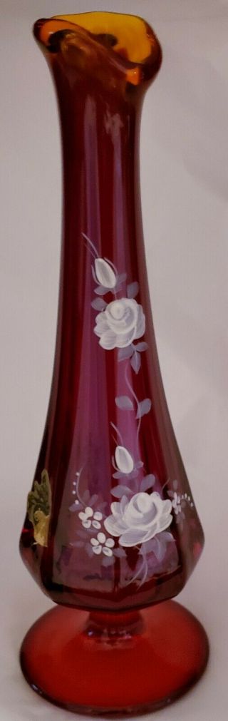 Vintage Fenton Art Glass Ruby Red Bud Vase - Hand Painted Cabbage Rose