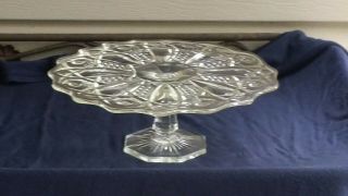 Vintage Pressed Cut Crystal Clear Glass Footed Cake Plate Stand 9 1/2 " Diam