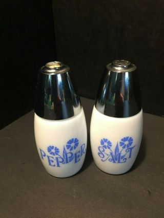 Vintage Corning Ware Cornflower Blue Salt & Pepper Shakers Milk Glass Gemco