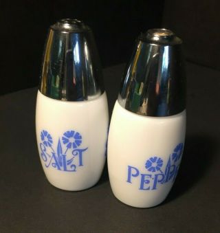 Vintage Corning Ware Cornflower Blue Salt & Pepper Shakers Milk Glass GEMCO 3