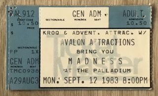 Madness Concert Ticket September 12,  1983 Hollywood Palladium Mod / Ska Two Tone