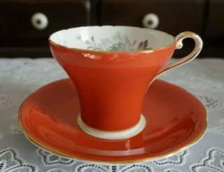 Vintage Aynsley Burnt Orange Grey Floral Corset Tea Cup & Saucer 2225,  England