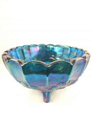 Vintage Iridescent Blue Carnival Glass Footed Fruit Bowl 2