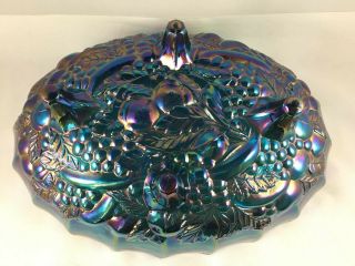 Vintage Iridescent Blue Carnival Glass Footed Fruit Bowl 4