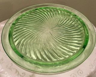 Vintage Depression Glass Green Swirl Footed Cake Or Cheese Platter - 10” - Vaseline?
