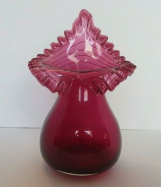 Fenton Cranberry Glass Jack In The Pulpit Vase - White Thread,  Ruffle Top