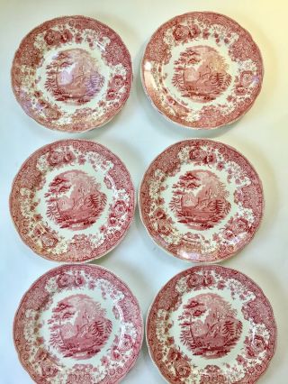 Antique Staffordshire Red Transferware 6 Salad Plates Tyrolean Ridgways 7 3/4 "