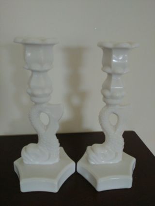 Westmoreland Milk Glass Candlestick Holders Dolphin Koi Fish 9 1/2 In Set Of 2