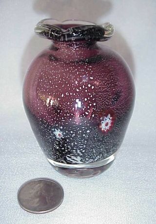 Vintage Murano Art Glass Cased Amethyst W/ Silver Flecks Vase & Milleflori