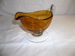 Vintage Heavy Amber/clear Glass Footed Sauce Or Gravy Boat