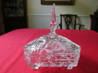 Stunning Lead Crystal Cut/etched Floral Clear Ftd Triangle Candy Dish - Spire Lid