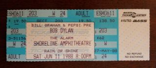 Bob Dylan Ticket 6/11/88 Shoreline Amphitheatre The Alarm