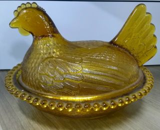 Vintage Indiana Glass Hen On Nest Amber Chicken Candy Dish
