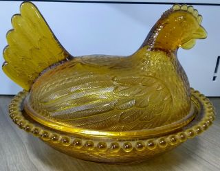 VINTAGE Indiana Glass HEN ON NEST Amber Chicken Candy Dish 2