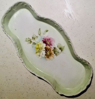Antique Vintage Porcelain 10 " X 4 1/2 " Sage Floral Pin Tray Handpainted
