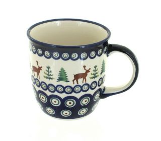 Blue Rose Polish Pottery Reindeer Pine Coffee Mug