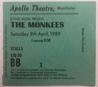 Monkees Concert Ticket Apollo Theatre Manchester 1989
