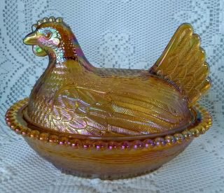 Vintage Indiana Glass Beaded Amber Carnival Glass Hen On A Nest Candy Dish 7 "