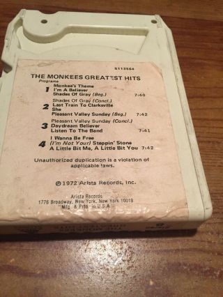The Monkees/ Greatest Hits 1972 Arista Records 8 Track Tape 5