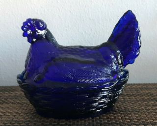Vintage Cobalt Blue Glass Hen Chicken On Nest Basket Covered Candy Dish