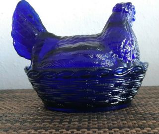 Vintage Cobalt Blue Glass Hen Chicken On Nest Basket Covered Candy Dish 3
