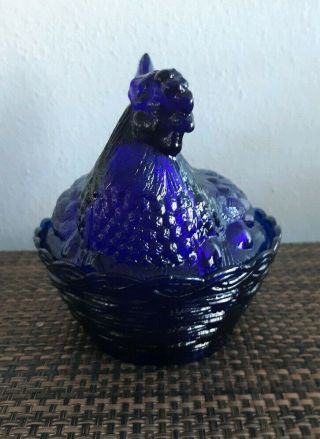 Vintage Cobalt Blue Glass Hen Chicken On Nest Basket Covered Candy Dish 4