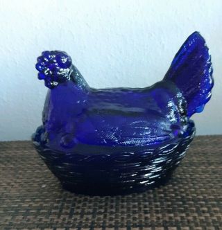 Vintage Cobalt Blue Glass Hen Chicken On Nest Basket Covered Candy Dish 5