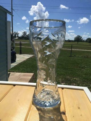 Antique American Brilliant Cut Glass 12 " X5 " Etched Cut Floral Corset Style Vase