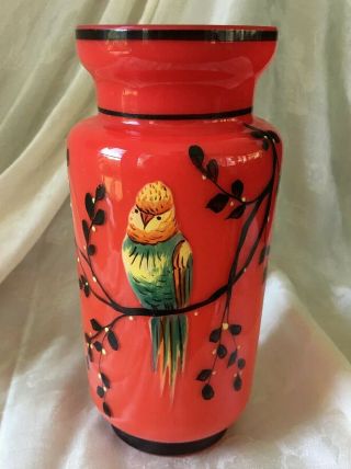 Orange Glass Vase Hand Painted Enamel Parakeet Bird Signed Czechoslovakia 6 1/4”