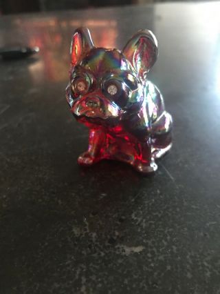 Westmoreland Ruby Red Carnival Glass French Bulldog Figurine - Rhinestone Eyes
