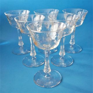 6 Vintage Htf Libbey Rock Sharpe Crystal 3007 - 16 Etched Wine Goblets Glasses